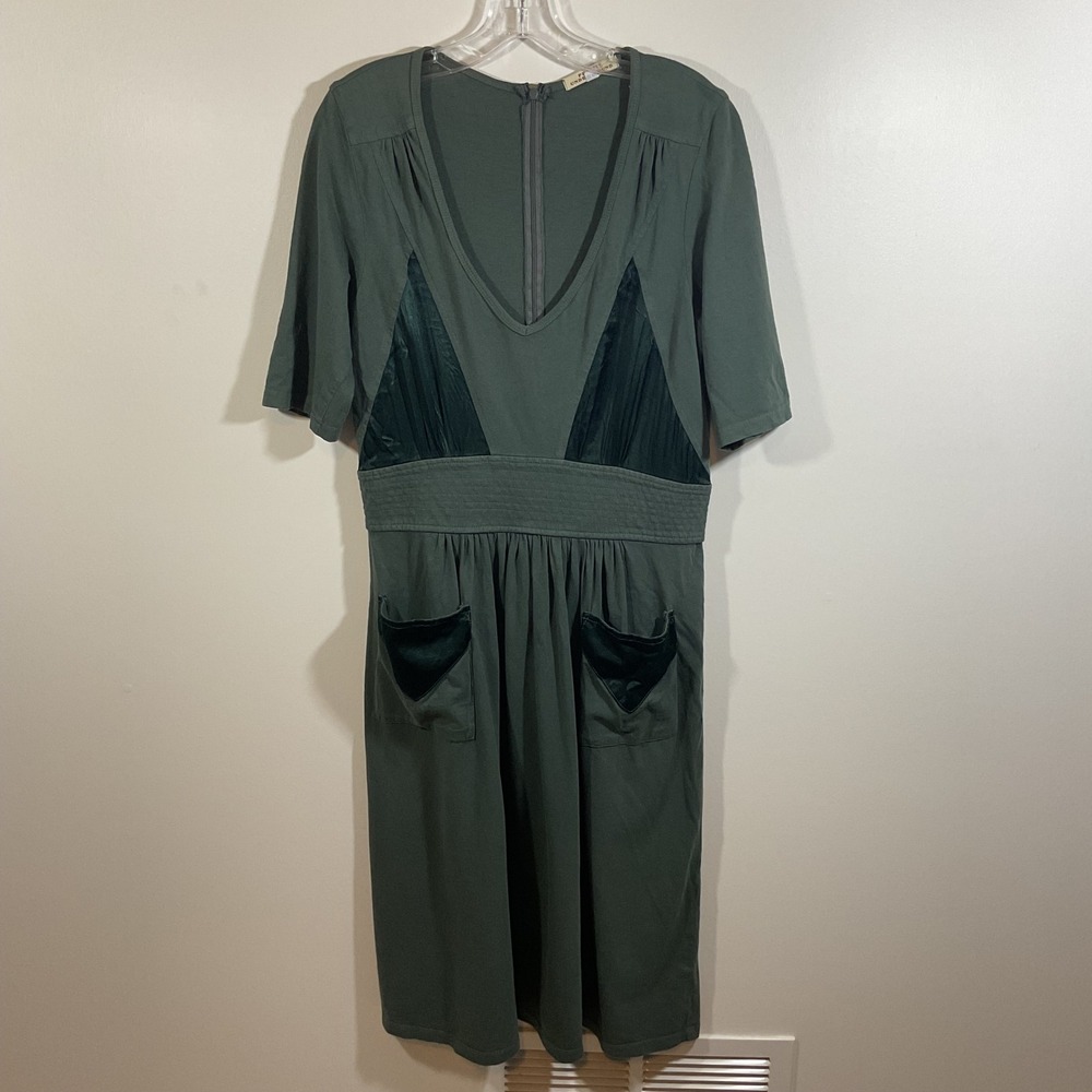 Prairie Underground Green Organic Cotton Dress L Satin Panels V-Neck Lagenlook